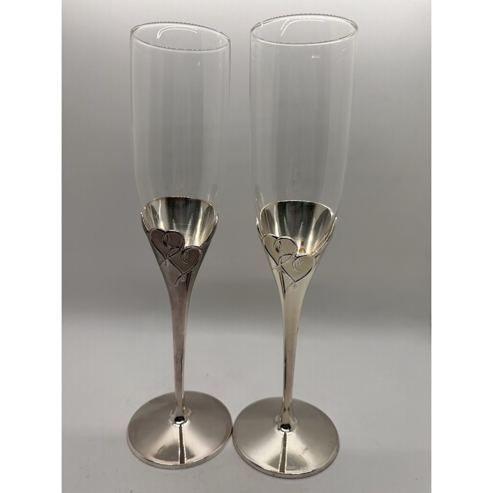 Lenox True Love Champagne Glass Flute Pair Silver Plated Double Heart